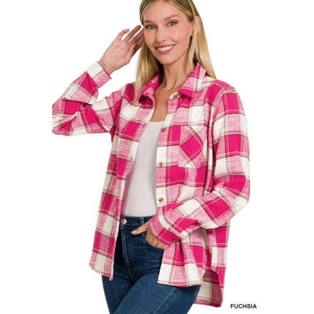 Zenana Campfire Cutie Plaid Shacket in Fuchsia S-L QJ-1309Y